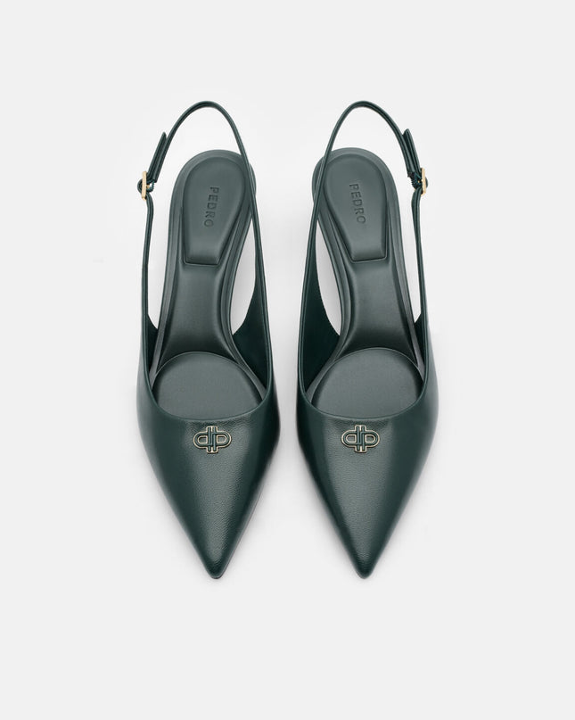 Leather Slingback Heel Pumps - Dark Green