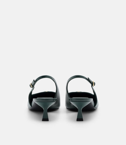 Leather Slingback Heel Pumps - Dark Green