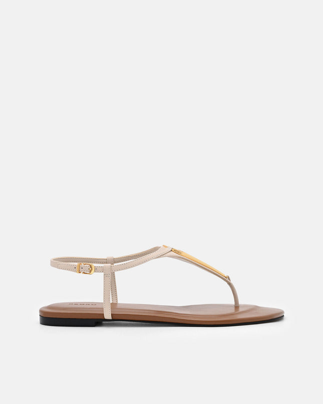 Leather T-Bar Sandals - Beige