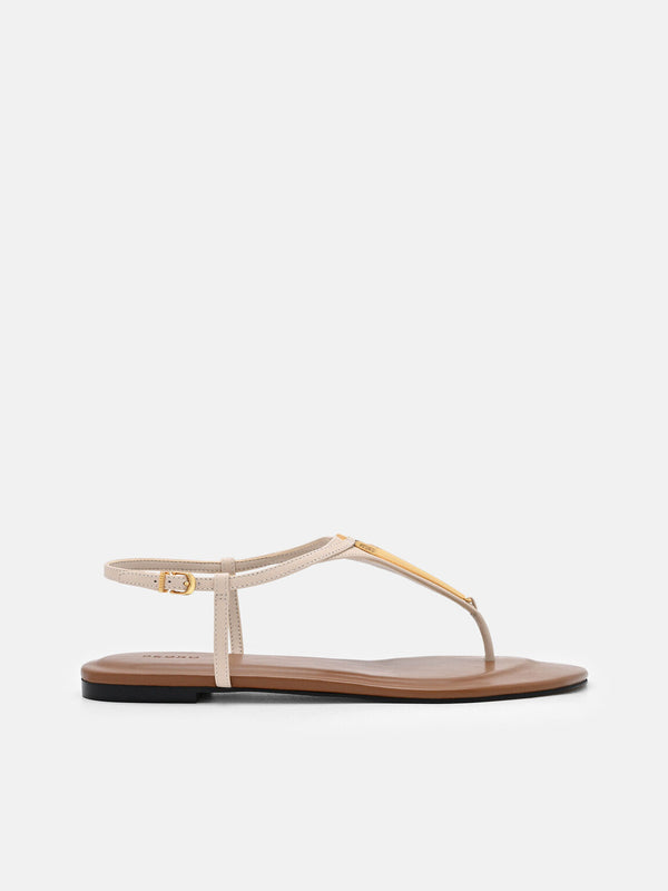 Leather T-Bar Sandals - Beige