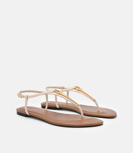 Leather T-Bar Sandals - Beige