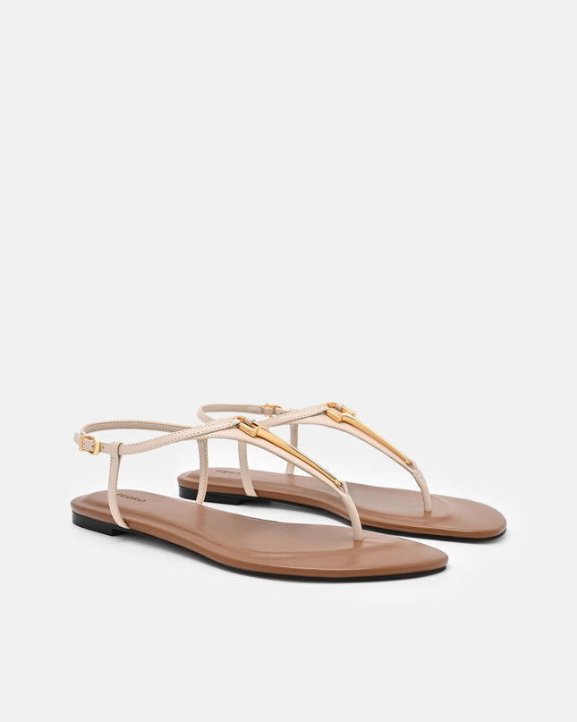 Leather T-Bar Sandals - Beige
