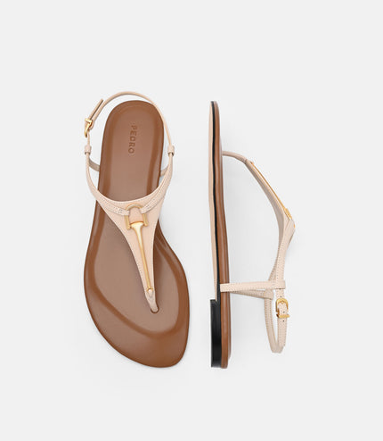 Leather T-Bar Sandals - Beige