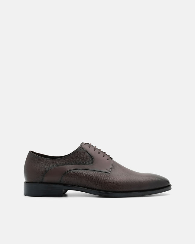 Saffiano Leather Derby Shoes - Dark Brown Embossed