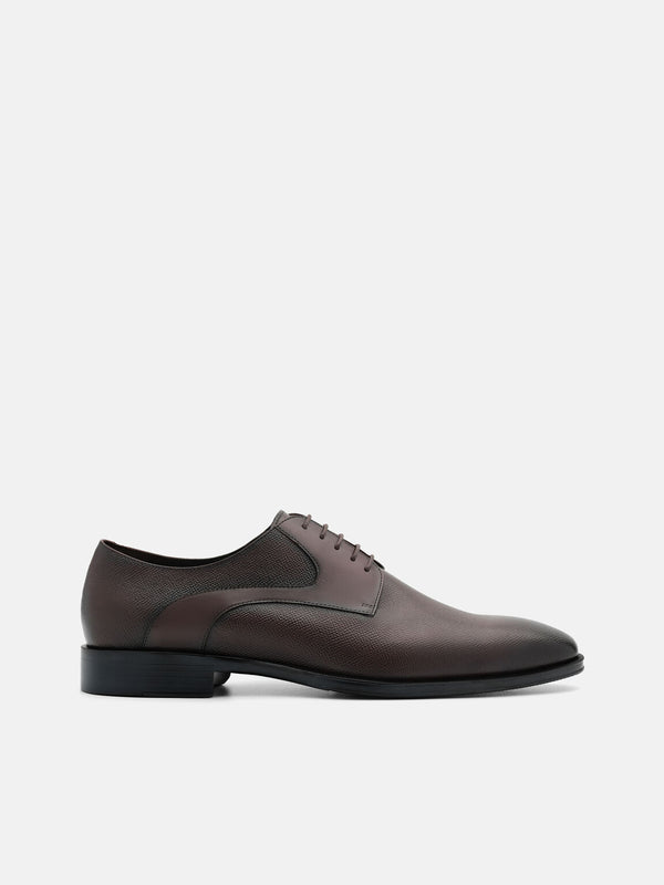 Saffiano Leather Derby Shoes - Dark Brown Embossed