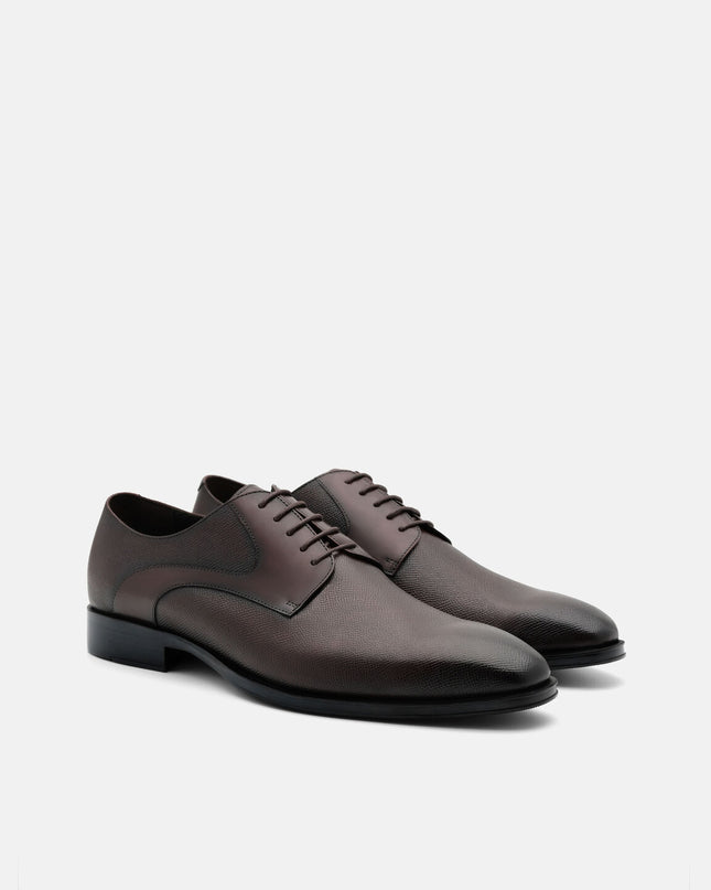 Saffiano Leather Derby Shoes - Dark Brown Embossed