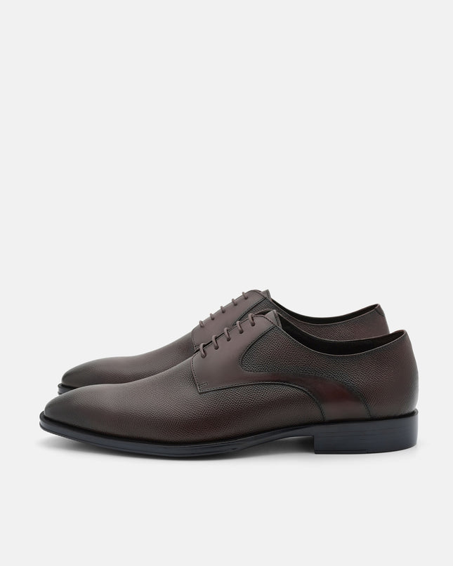 Saffiano Leather Derby Shoes - Dark Brown Embossed