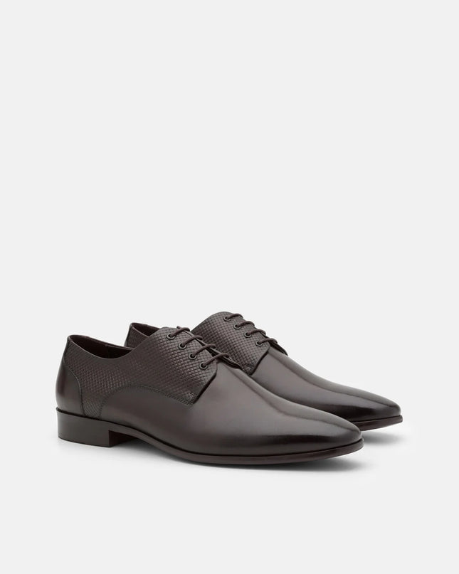Woven Leather Derby Shoes - Dark Brown Embossed