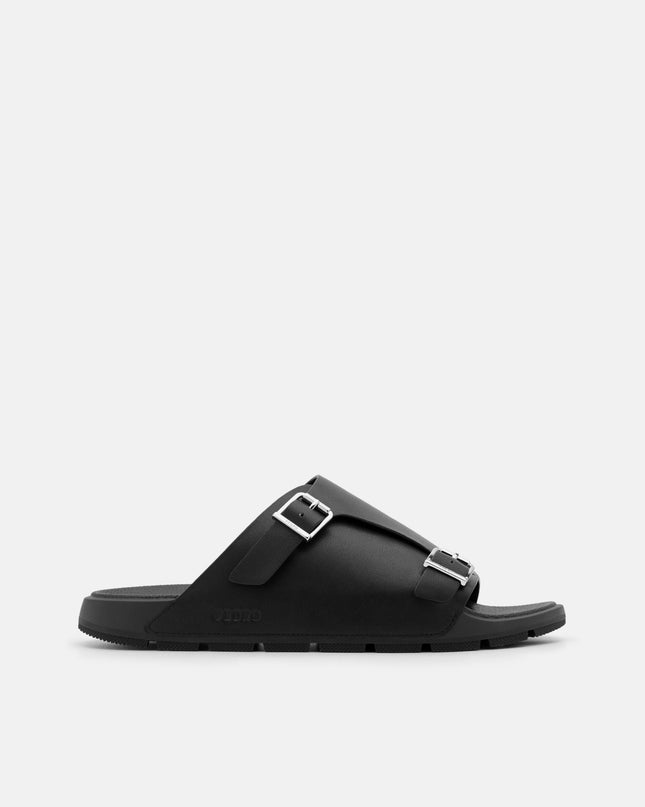 Leather Buckled Slide Sandals - Black