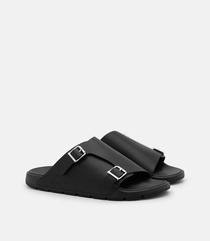 Leather Buckled Slide Sandals - Black