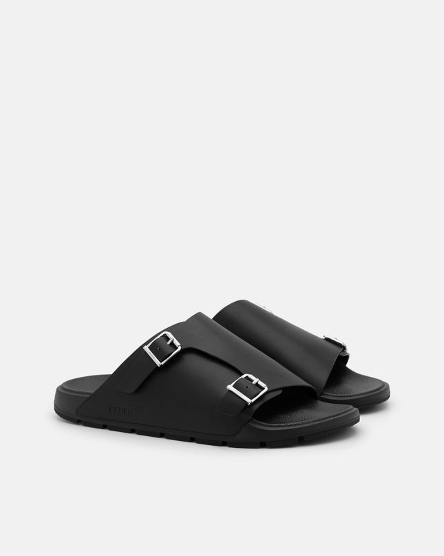 Leather Buckled Slide Sandals - Black