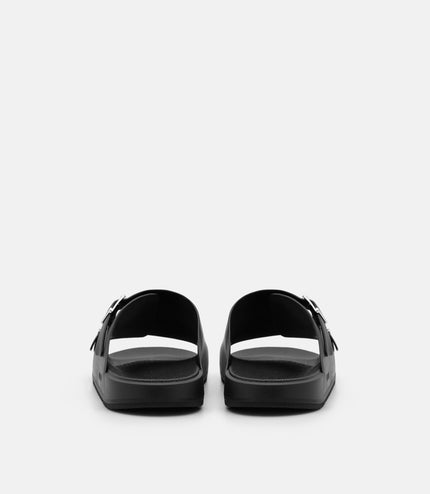 Leather Buckled Slide Sandals - Black