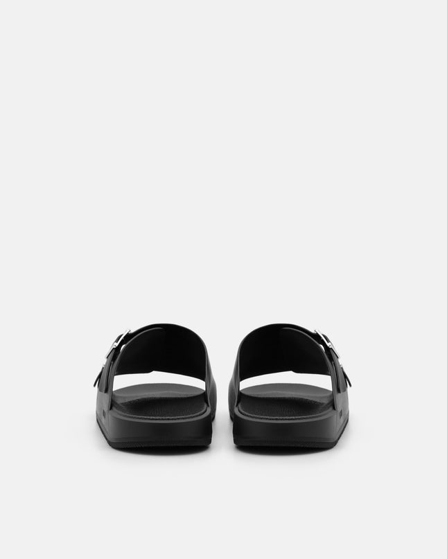 Leather Buckled Slide Sandals - Black