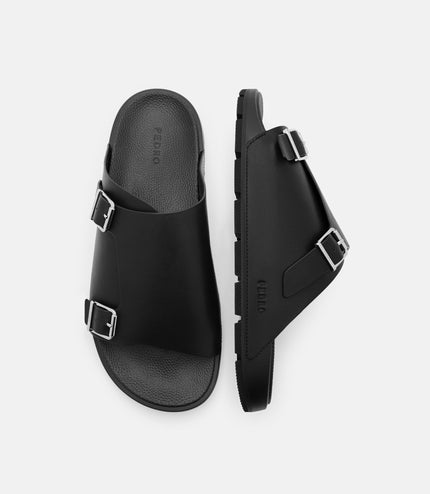 Leather Buckled Slide Sandals - Black