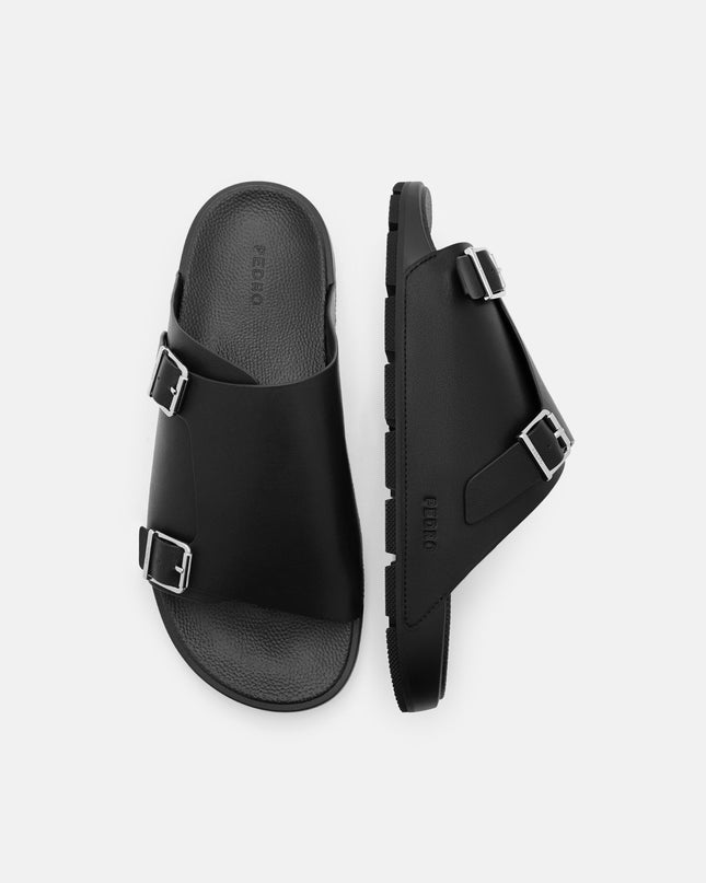 Leather Buckled Slide Sandals - Black
