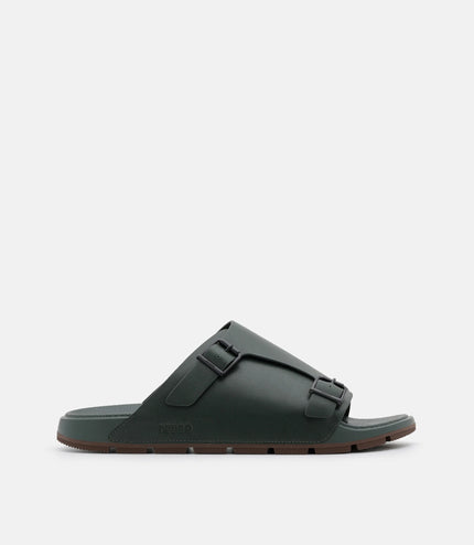 Leather Buckled Slide Sandals - Dark Green