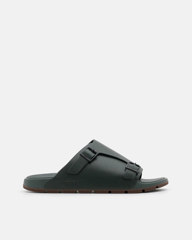 Leather Buckled Slide Sandals - Dark Green