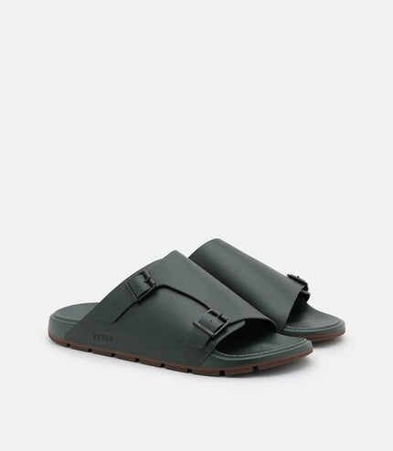 Leather Buckled Slide Sandals - Dark Green