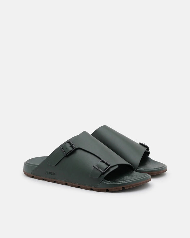 Leather Buckled Slide Sandals - Dark Green