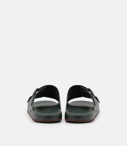 Leather Buckled Slide Sandals - Dark Green