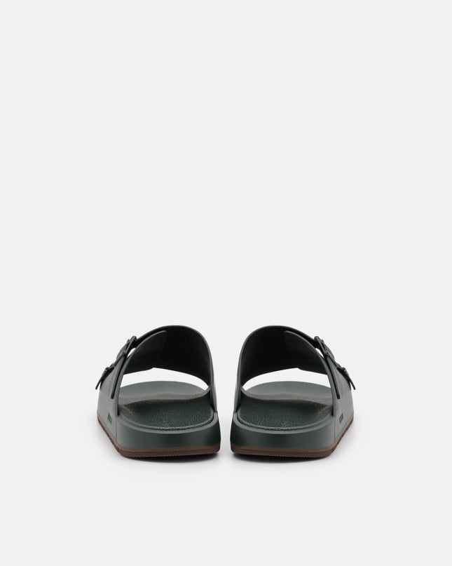 Leather Buckled Slide Sandals - Dark Green