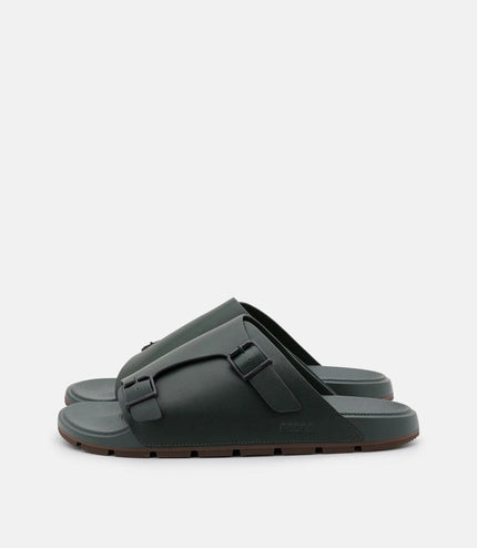Leather Buckled Slide Sandals - Dark Green