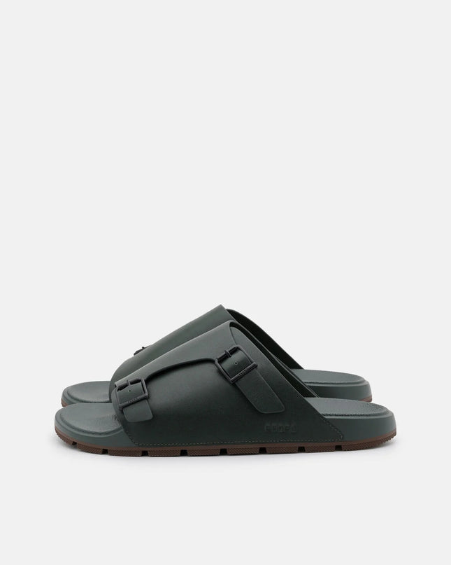 Leather Buckled Slide Sandals - Dark Green
