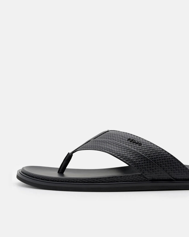 Woven Thong Sandals - Black Embossed