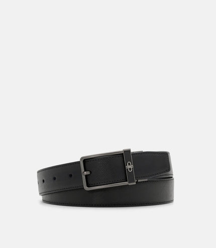 Leather Reversible Pin Belt - Black Embossed