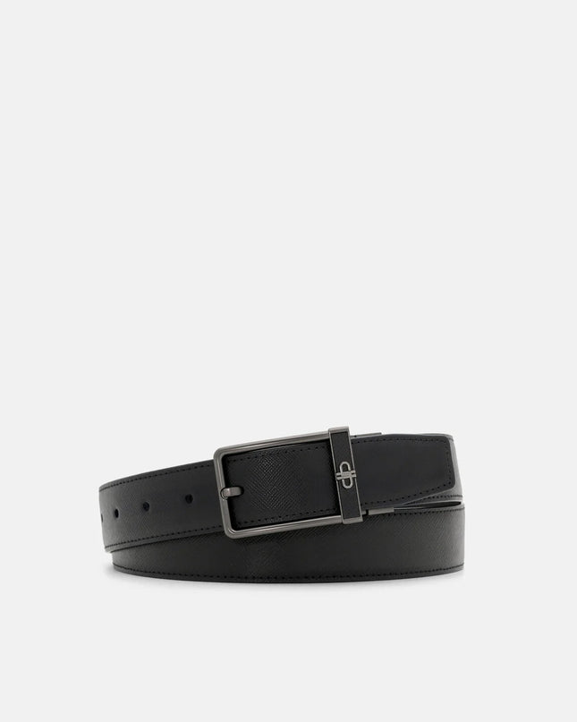 Leather Reversible Pin Belt - Black Embossed