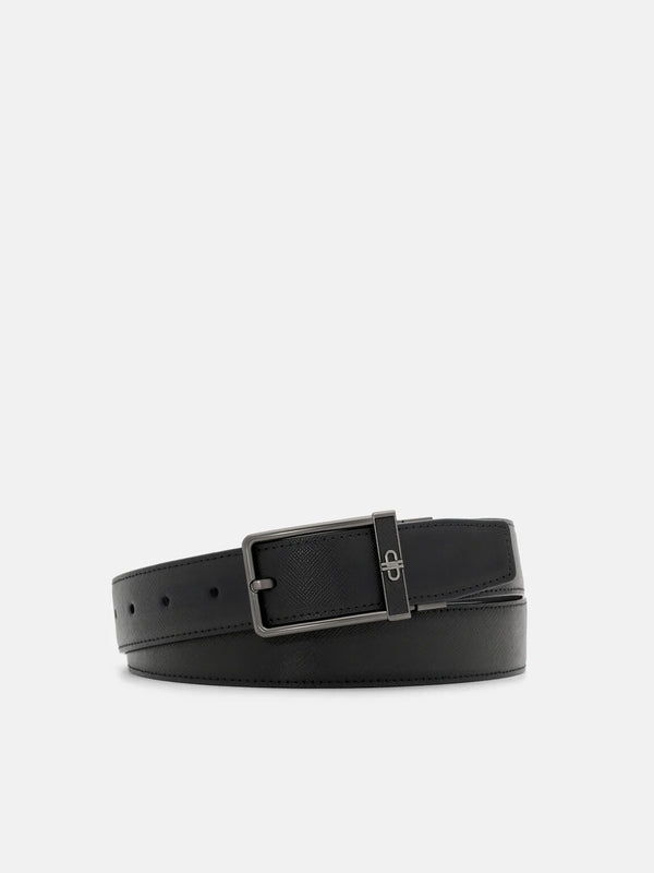Leather Reversible Pin Belt - Black Embossed