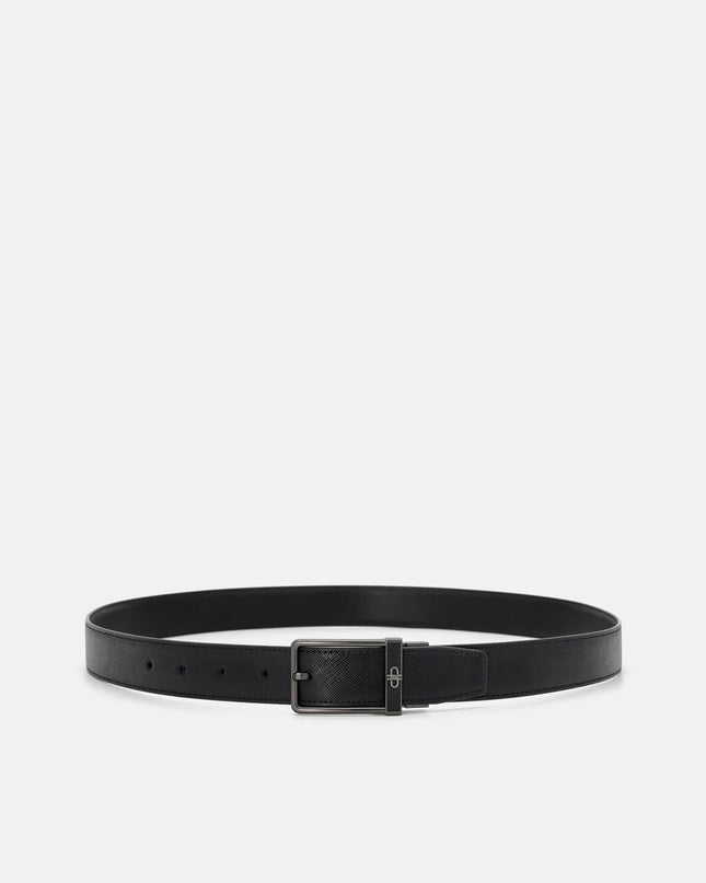 Leather Reversible Pin Belt - Black Embossed