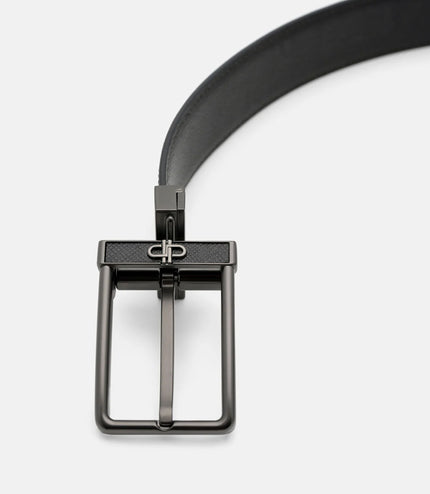 Leather Reversible Pin Belt - Black Embossed