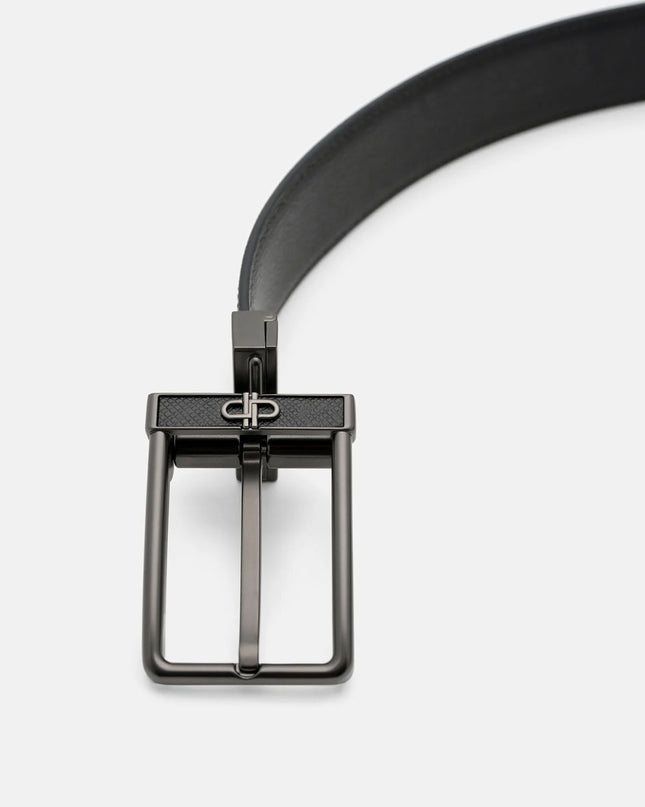 Leather Reversible Pin Belt - Black Embossed