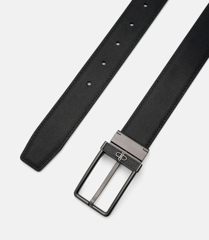 Leather Reversible Pin Belt - Black Embossed