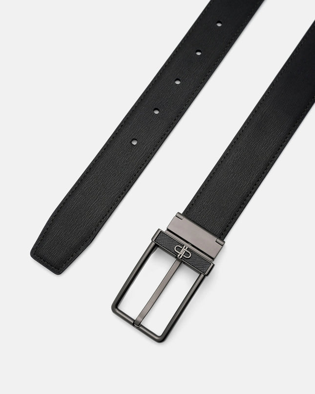 Leather Reversible Pin Belt - Black Embossed