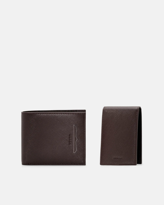 Saffiano Leather Bi-Fold Wallet with Insert - Dark Brown Saffiano
