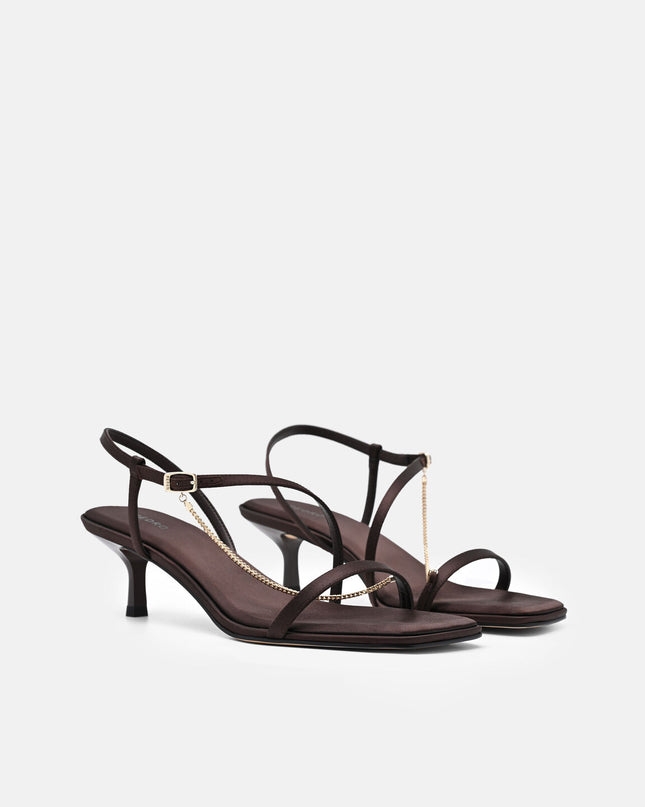 Marland Leather Heel Sandals - Dark Brown Satin