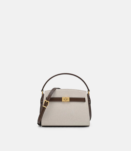 Belted Leather Handbag - Dark Brown Canvas