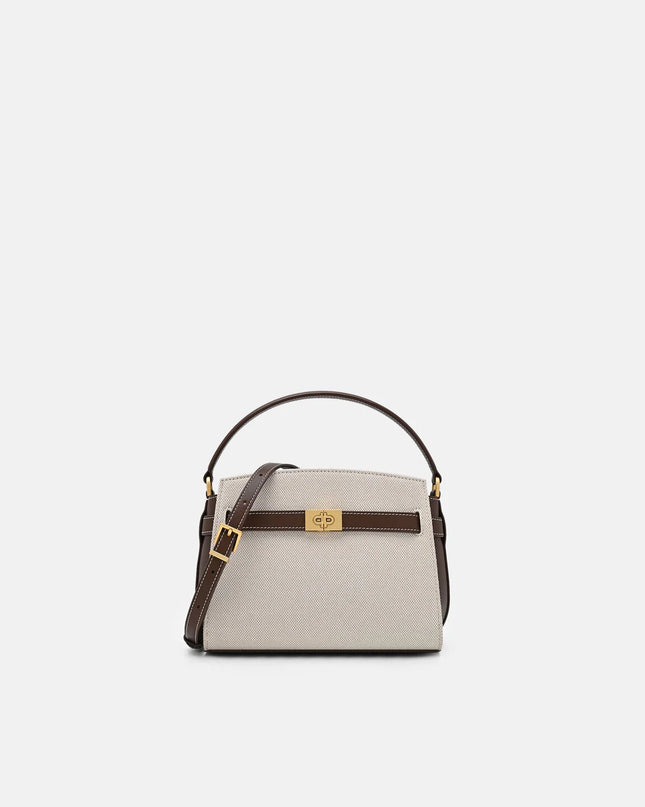 Belted Leather Handbag - Dark Brown Canvas