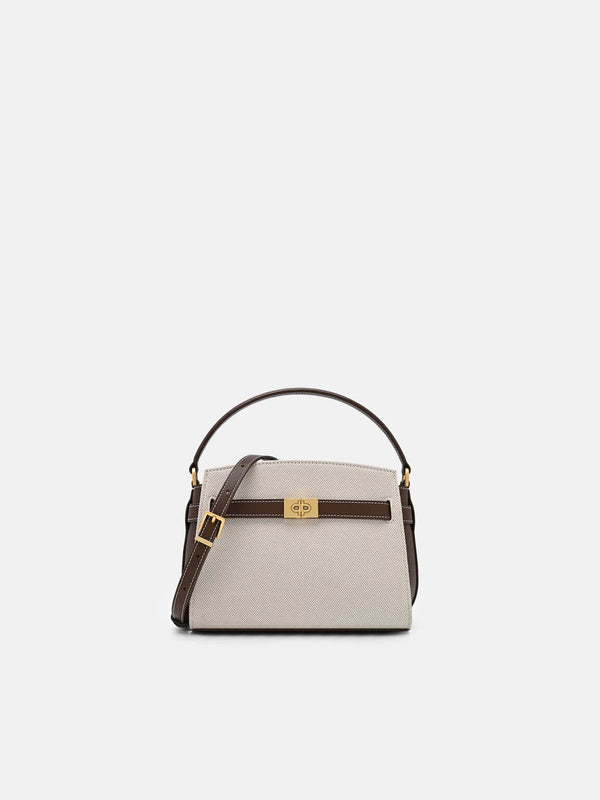 Belted Leather Handbag - Dark Brown Canvas