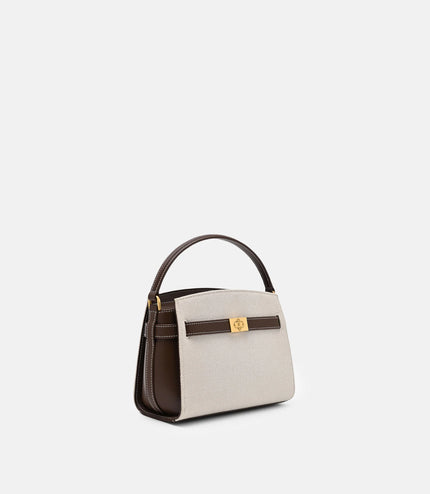 Belted Leather Handbag - Dark Brown Canvas