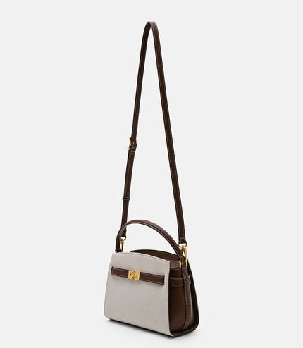 Belted Leather Handbag - Dark Brown Canvas