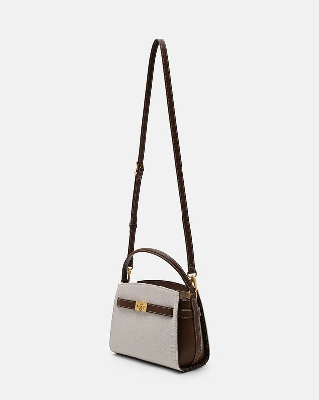 Belted Leather Handbag - Dark Brown Canvas