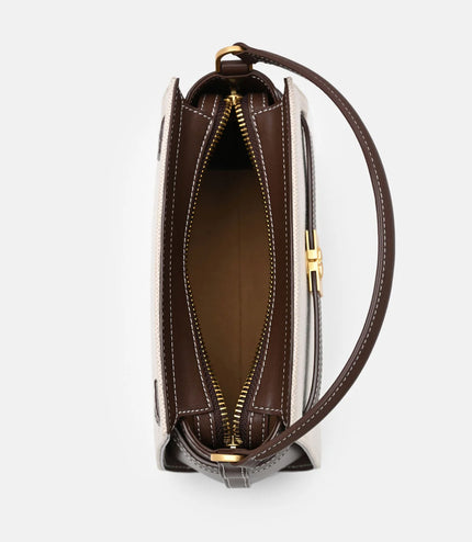 Belted Leather Handbag - Dark Brown Canvas