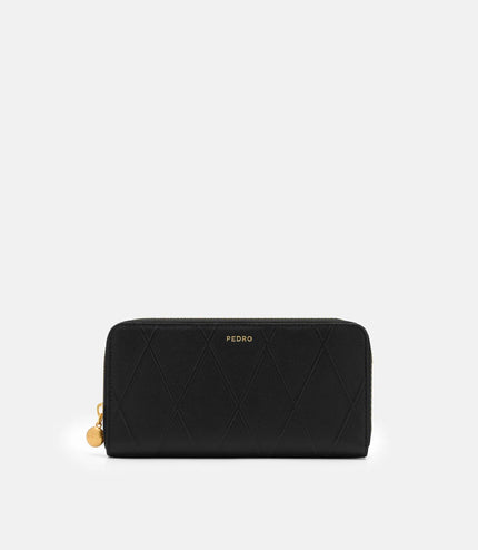 Quilted Leather Long Wallet - Black