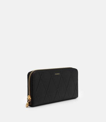 Quilted Leather Long Wallet - Black