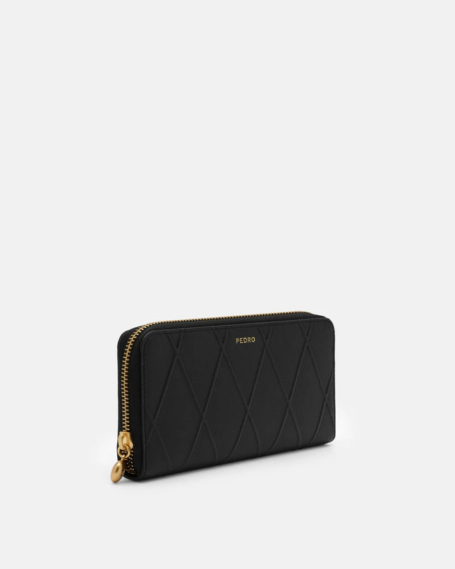 Quilted Leather Long Wallet - Black