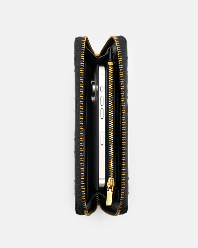Quilted Leather Long Wallet - Black