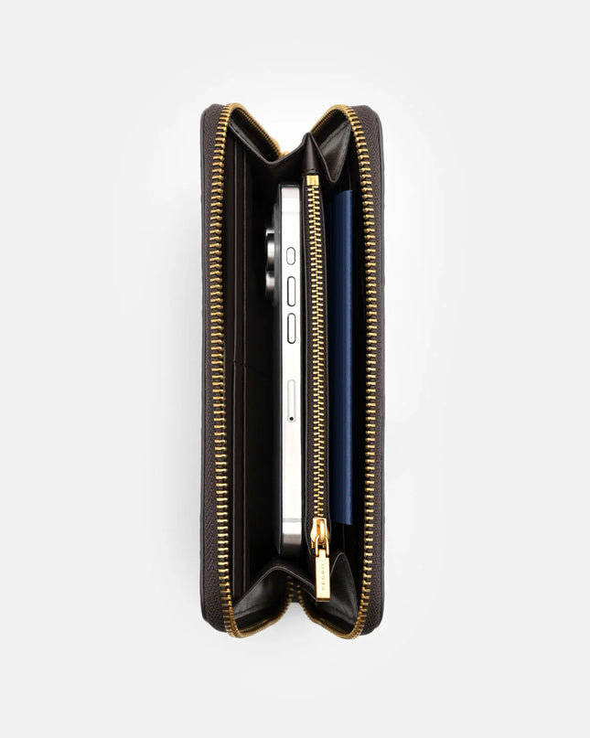 Quilted Leather Long Wallet - Dark Brown